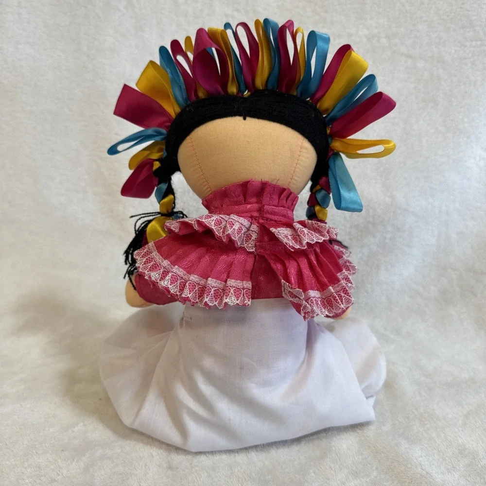 Handmade Folk Art Doll Mexican Inspired Textile Doll Colorful Ribbon‎ Hair Dress